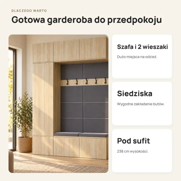 Garderoba do przedpokoju 150 cm: szafa + 2 wieszaki z siedziskami, 238 cm – Dąb Sonoma