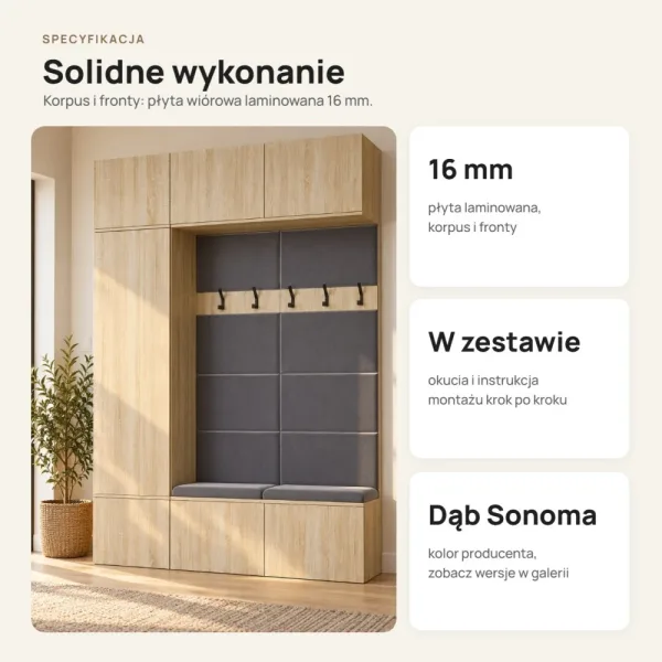 Garderoba do przedpokoju 150 cm: szafa + 2 wieszaki z siedziskami, 238 cm – Dąb Sonoma