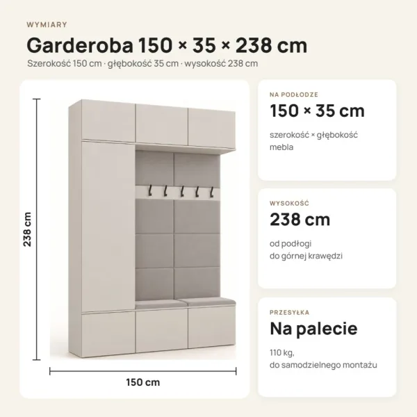 Garderoba do przedpokoju 150 cm: szafa + 2 wieszaki z siedziskami, 238 cm – Kaszmir