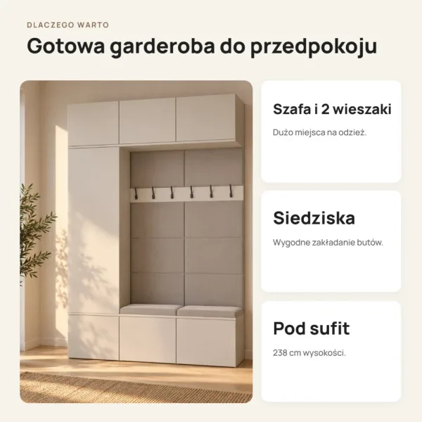 Garderoba do przedpokoju 150 cm: szafa + 2 wieszaki z siedziskami, 238 cm – Kaszmir