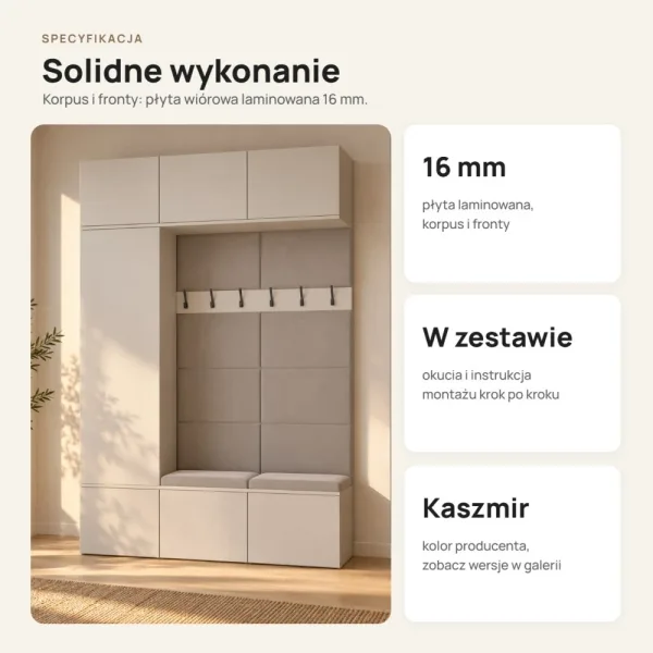 Garderoba do przedpokoju 150 cm: szafa + 2 wieszaki z siedziskami, 238 cm – Kaszmir