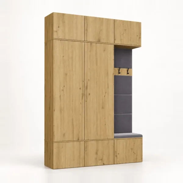Garderoba do przedpokoju 150 cm: 2 szafy + wieszak z siedziskiem, 238 cm – Dąb Artisan