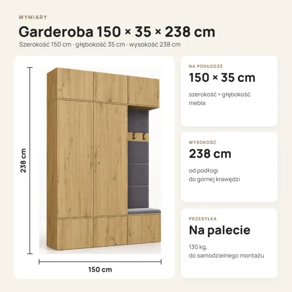 Garderoba do przedpokoju 150 cm: 2 szafy + wieszak z siedziskiem, 238 cm – Dąb Artisan