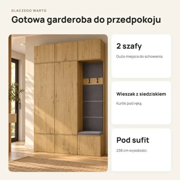 Garderoba do przedpokoju 150 cm: 2 szafy + wieszak z siedziskiem, 238 cm – Dąb Artisan