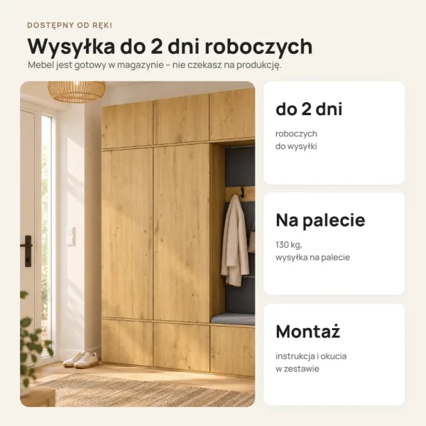 Garderoba do przedpokoju 150 cm: 2 szafy + wieszak z siedziskiem, 238 cm – Dąb Artisan
