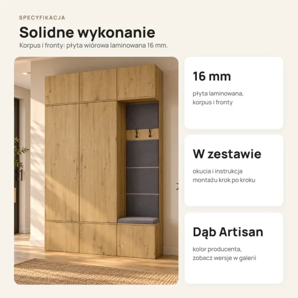 Garderoba do przedpokoju 150 cm: 2 szafy + wieszak z siedziskiem, 238 cm – Dąb Artisan