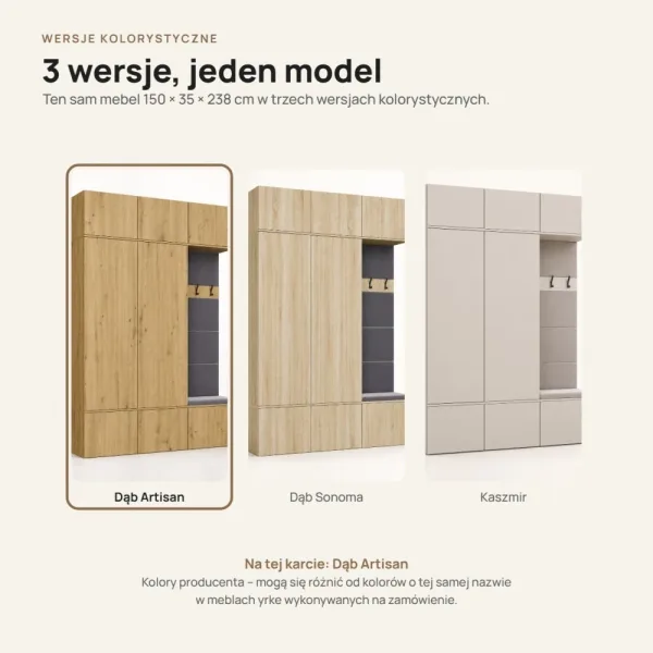 Garderoba do przedpokoju 150 cm: 2 szafy + wieszak z siedziskiem, 238 cm – Dąb Artisan