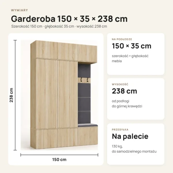 Garderoba do przedpokoju 150 cm: 2 szafy + wieszak z siedziskiem, 238 cm – Dąb Sonoma