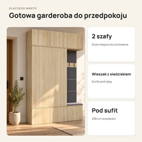 Garderoba do przedpokoju 150 cm: 2 szafy + wieszak z siedziskiem, 238 cm – Dąb Sonoma