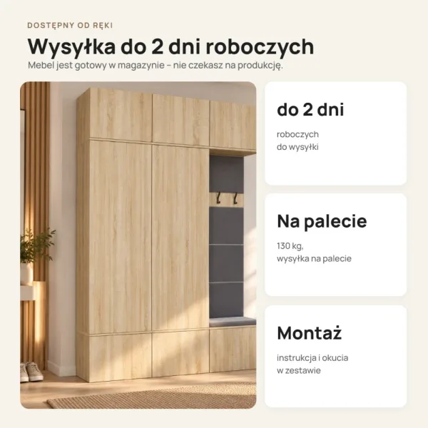 Garderoba do przedpokoju 150 cm: 2 szafy + wieszak z siedziskiem, 238 cm – Dąb Sonoma