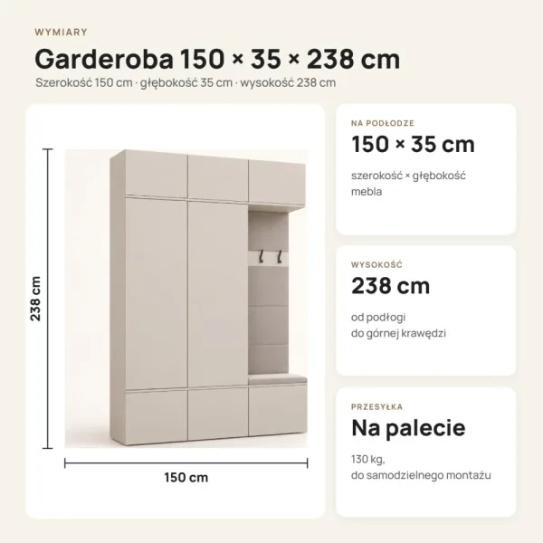 Garderoba do przedpokoju 150 cm: 2 szafy + wieszak z siedziskiem, 238 cm – Kaszmir