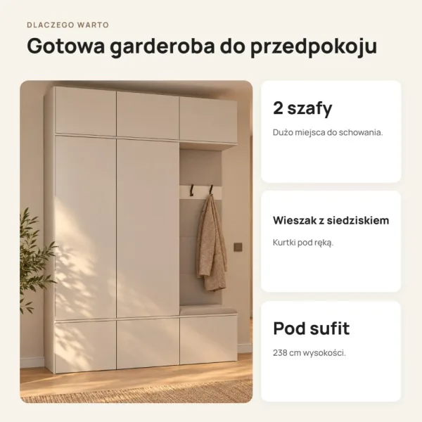 Garderoba do przedpokoju 150 cm: 2 szafy + wieszak z siedziskiem, 238 cm – Kaszmir