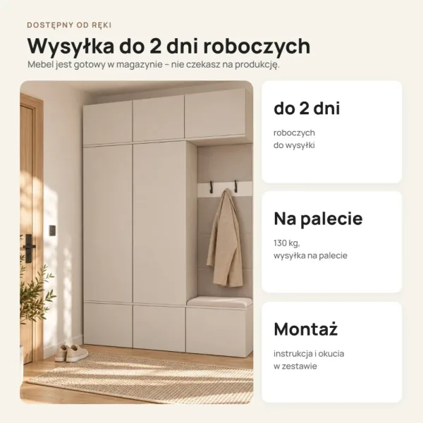 Garderoba do przedpokoju 150 cm: 2 szafy + wieszak z siedziskiem, 238 cm – Kaszmir