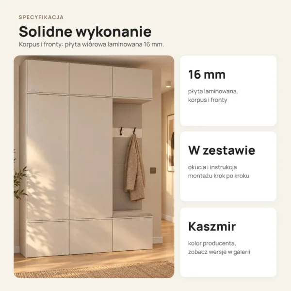 Garderoba do przedpokoju 150 cm: 2 szafy + wieszak z siedziskiem, 238 cm – Kaszmir