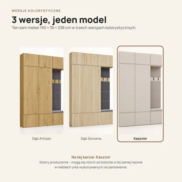 Garderoba do przedpokoju 150 cm: 2 szafy + wieszak z siedziskiem, 238 cm – Kaszmir