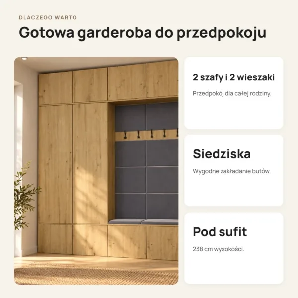 Garderoba do przedpokoju 200 cm: 2 szafy + 2 wieszaki z siedziskami, 238 cm – Dąb Artisan
