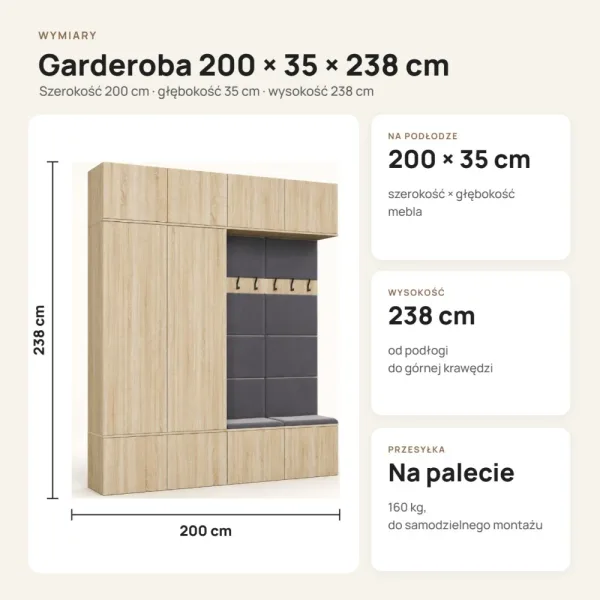 Garderoba do przedpokoju 200 cm: 2 szafy + 2 wieszaki z siedziskami, 238 cm – Dąb Sonoma