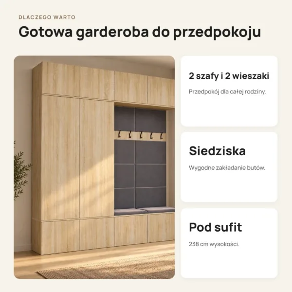 Garderoba do przedpokoju 200 cm: 2 szafy + 2 wieszaki z siedziskami, 238 cm – Dąb Sonoma