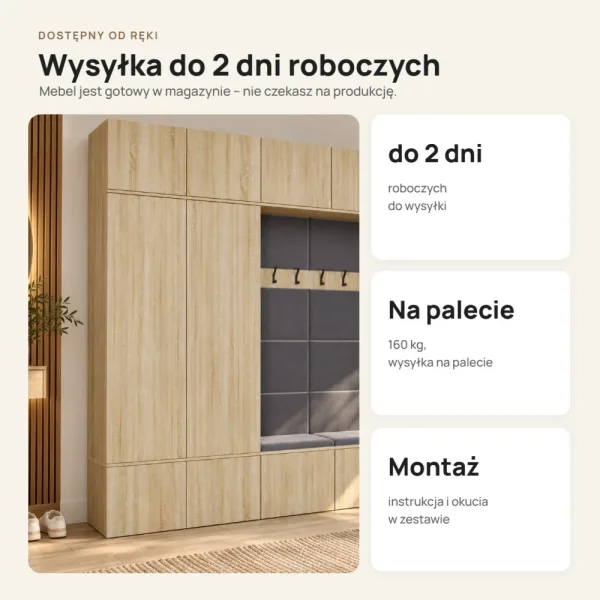 Garderoba do przedpokoju 200 cm: 2 szafy + 2 wieszaki z siedziskami, 238 cm – Dąb Sonoma