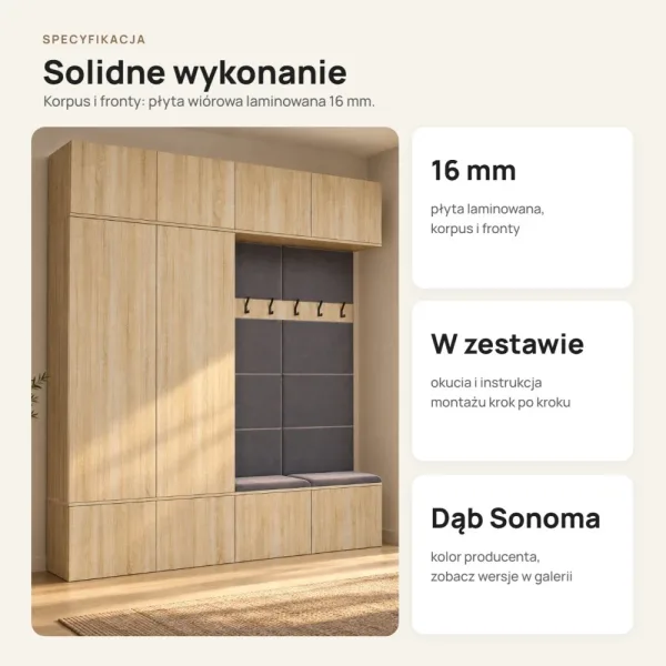 Garderoba do przedpokoju 200 cm: 2 szafy + 2 wieszaki z siedziskami, 238 cm – Dąb Sonoma