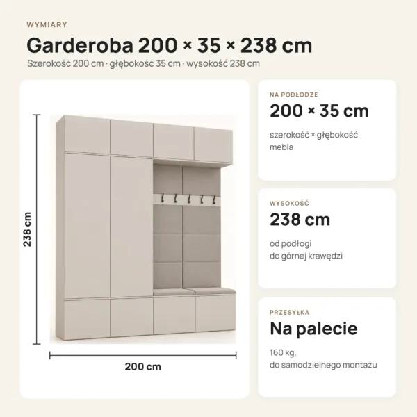 Garderoba do przedpokoju 200 cm: 2 szafy + 2 wieszaki z siedziskami, 238 cm – Kaszmir