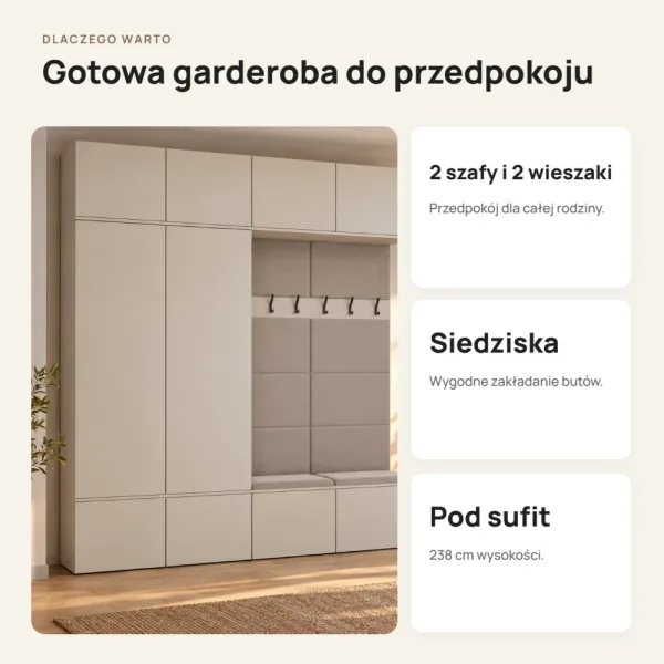 Garderoba do przedpokoju 200 cm: 2 szafy + 2 wieszaki z siedziskami, 238 cm – Kaszmir