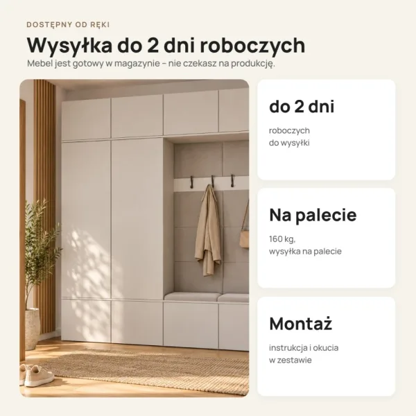 Garderoba do przedpokoju 200 cm: 2 szafy + 2 wieszaki z siedziskami, 238 cm – Kaszmir