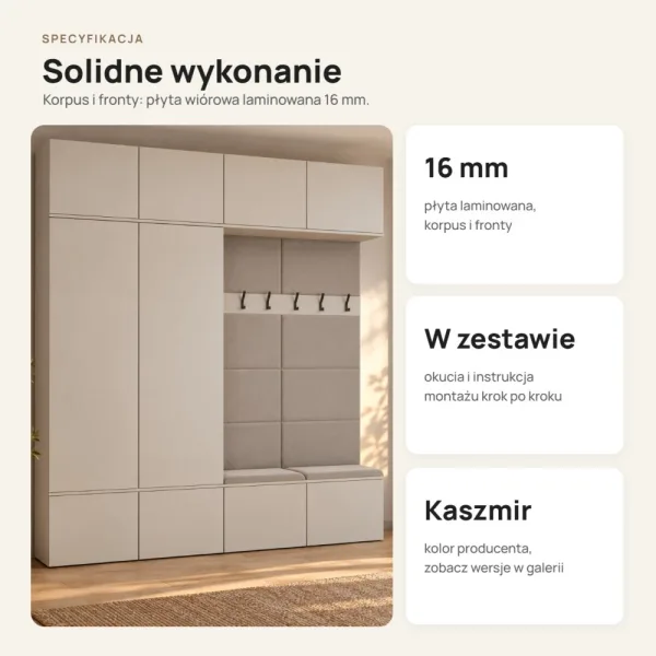 Garderoba do przedpokoju 200 cm: 2 szafy + 2 wieszaki z siedziskami, 238 cm – Kaszmir