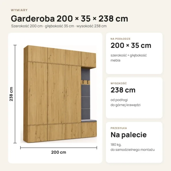 Garderoba do przedpokoju 200 cm: 3 szafy + wieszak z siedziskiem, 238 cm – Dąb Artisan