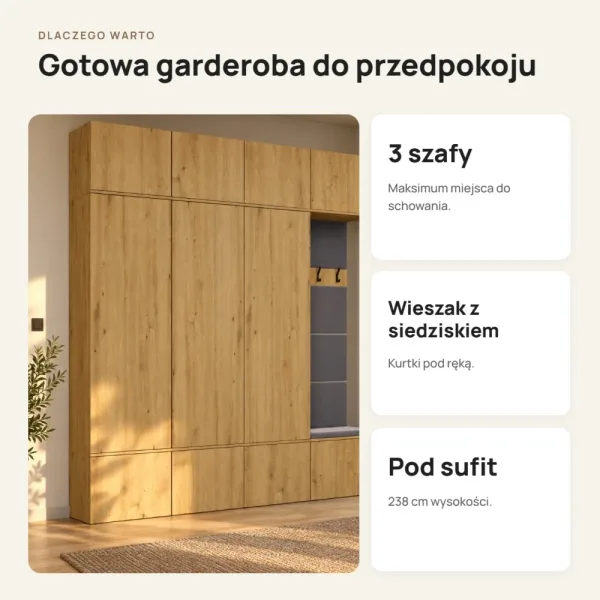 Garderoba do przedpokoju 200 cm: 3 szafy + wieszak z siedziskiem, 238 cm – Dąb Artisan