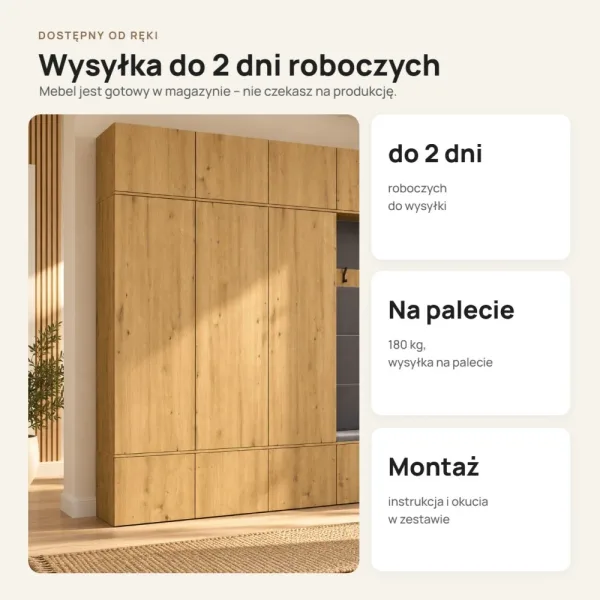 Garderoba do przedpokoju 200 cm: 3 szafy + wieszak z siedziskiem, 238 cm – Dąb Artisan
