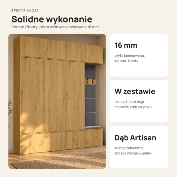 Garderoba do przedpokoju 200 cm: 3 szafy + wieszak z siedziskiem, 238 cm – Dąb Artisan