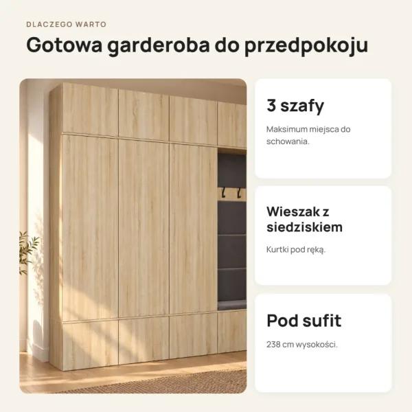 Garderoba do przedpokoju 200 cm: 3 szafy + wieszak z siedziskiem, 238 cm – Dąb Sonoma