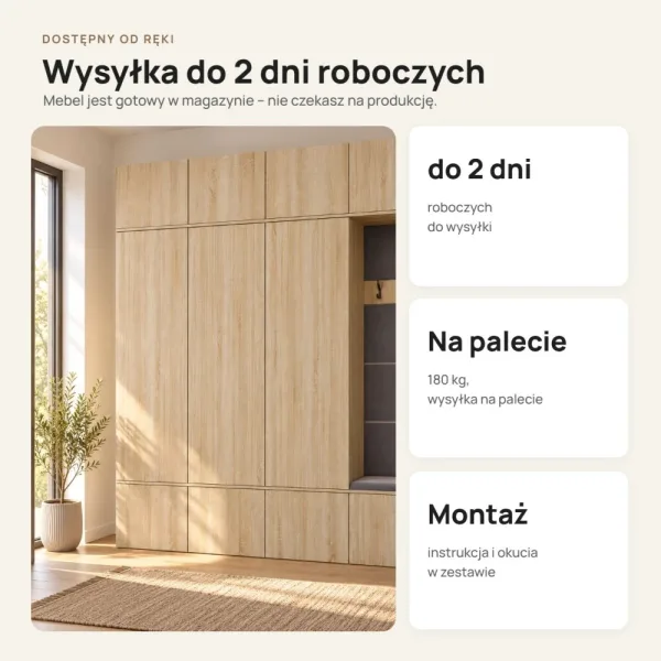 Garderoba do przedpokoju 200 cm: 3 szafy + wieszak z siedziskiem, 238 cm – Dąb Sonoma