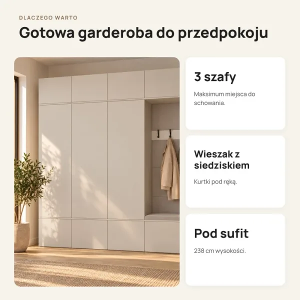 Garderoba do przedpokoju 200 cm: 3 szafy + wieszak z siedziskiem, 238 cm – Kaszmir