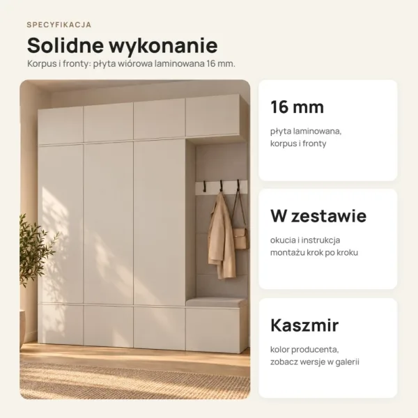 Garderoba do przedpokoju 200 cm: 3 szafy + wieszak z siedziskiem, 238 cm – Kaszmir