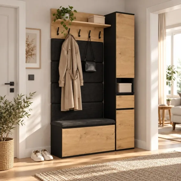 Garderoba do przedpokoju 110 cm z siedziskiem, tapicerowanymi panelami i szafką na buty – Dąb Artisan / Czarny