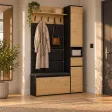 Garderoba do przedpokoju 110 cm z siedziskiem, tapicerowanymi panelami i szafką na buty – Dąb Artisan / Czarny