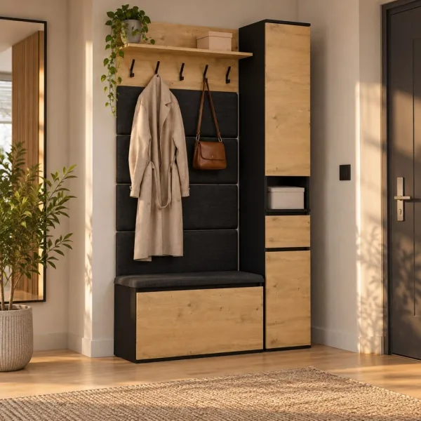 Garderoba do przedpokoju 110 cm z siedziskiem, tapicerowanymi panelami i szafką na buty – Dąb Artisan / Czarny