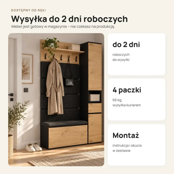 Garderoba do przedpokoju 110 cm z siedziskiem, tapicerowanymi panelami i szafką na buty – Dąb Artisan / Czarny