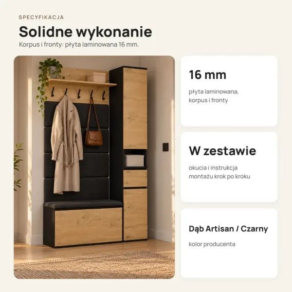 Garderoba do przedpokoju 110 cm z siedziskiem, tapicerowanymi panelami i szafką na buty – Dąb Artisan / Czarny