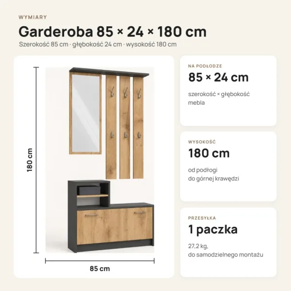 Garderoba do przedpokoju 85 cm z lustrem, wieszakami i szafką na buty, 180 cm – Antracyt / Dąb Artisan