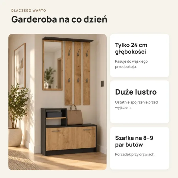 Garderoba do przedpokoju 85 cm z lustrem, wieszakami i szafką na buty, 180 cm – Antracyt / Dąb Artisan