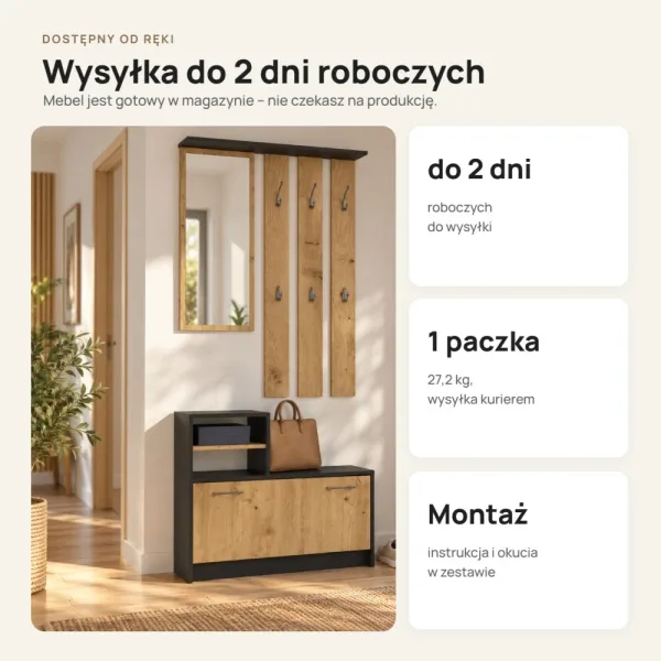 Garderoba do przedpokoju 85 cm z lustrem, wieszakami i szafką na buty, 180 cm – Antracyt / Dąb Artisan