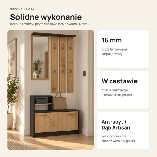 Garderoba do przedpokoju 85 cm z lustrem, wieszakami i szafką na buty, 180 cm – Antracyt / Dąb Artisan