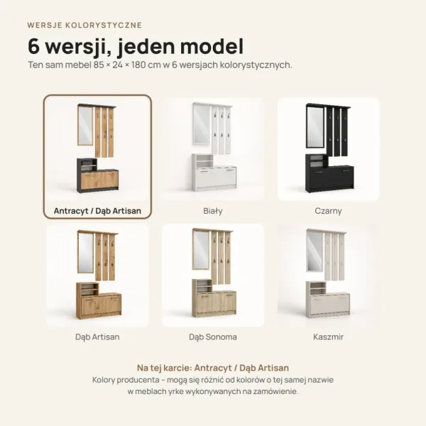 Garderoba do przedpokoju 85 cm z lustrem, wieszakami i szafką na buty, 180 cm – Antracyt / Dąb Artisan