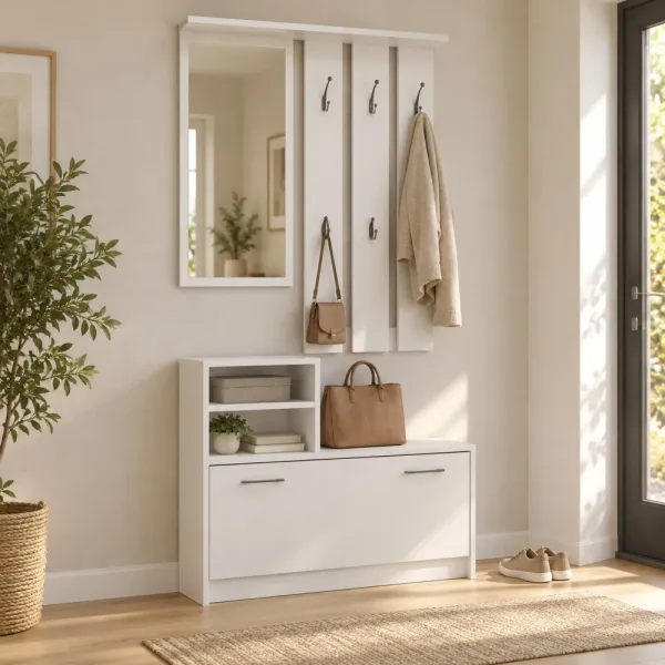 Garderoba do przedpokoju 85 cm z lustrem, wieszakami i szafką na buty, 180 cm – Biały