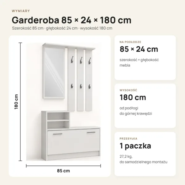 Garderoba do przedpokoju 85 cm z lustrem, wieszakami i szafką na buty, 180 cm – Biały