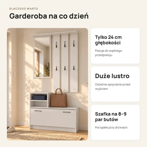 Garderoba do przedpokoju 85 cm z lustrem, wieszakami i szafką na buty, 180 cm – Biały