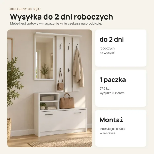 Garderoba do przedpokoju 85 cm z lustrem, wieszakami i szafką na buty, 180 cm – Biały